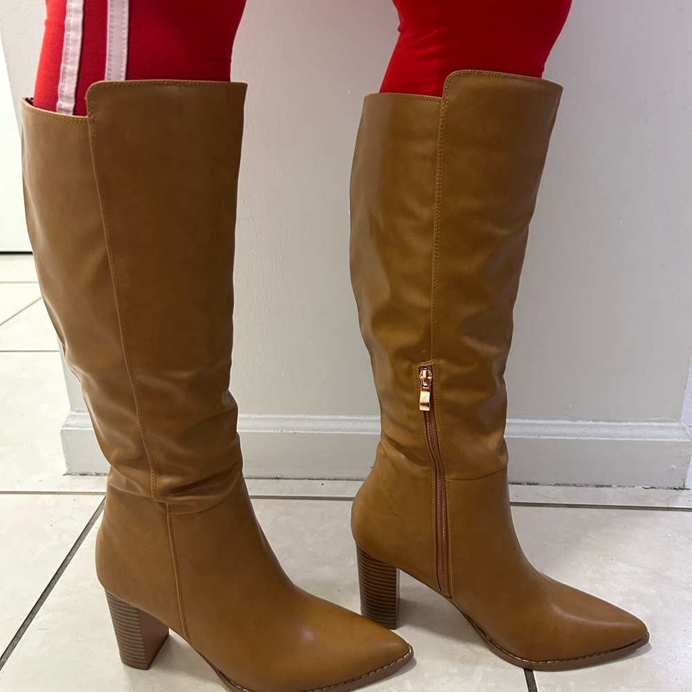 Women's Tall Tan Leather-Look Block Heel Boots